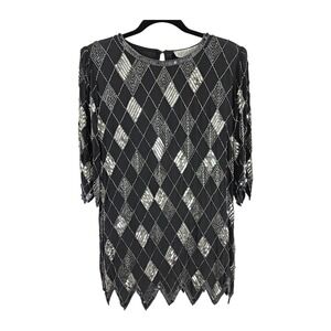 Vtg Argenti Notte Silk Beaded Diamond Party Top Women's L Black New Year's